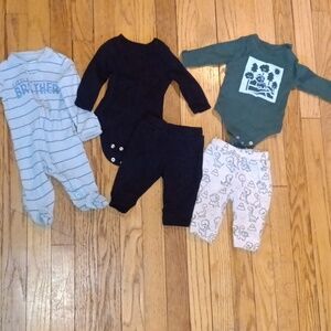 Garanimals Two Onesies, Dinosaur Pants, Black Pants & Carter's Little Brother